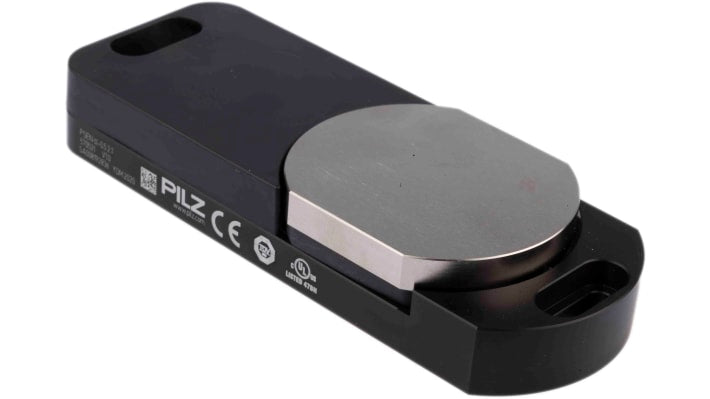 Interruttore di interblocco a solenoide Pilz PSENslock, 24V cc, IP67, con diagnostica LED e montaggio su profili 45mm. Dimensioni 122mm x 45mm x 44mm.