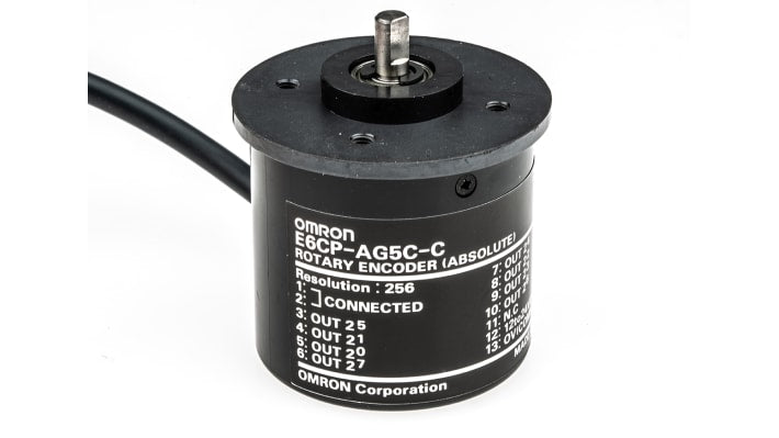 Encoder incrementale Omron E6CP-AG5C-C, 256 impulsi, 12-24 V c.c., diametro albero 6 mm, IP50, altezza 50 mm.