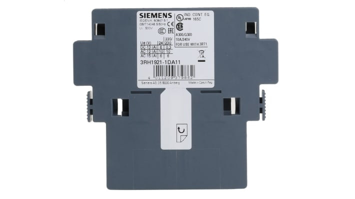 Blocco interruttore ausiliario Siemens 3RH1921-1DA11, contatti NA/NC, montaggio anteriore, dimensioni 10 x 80 x 71 mm.