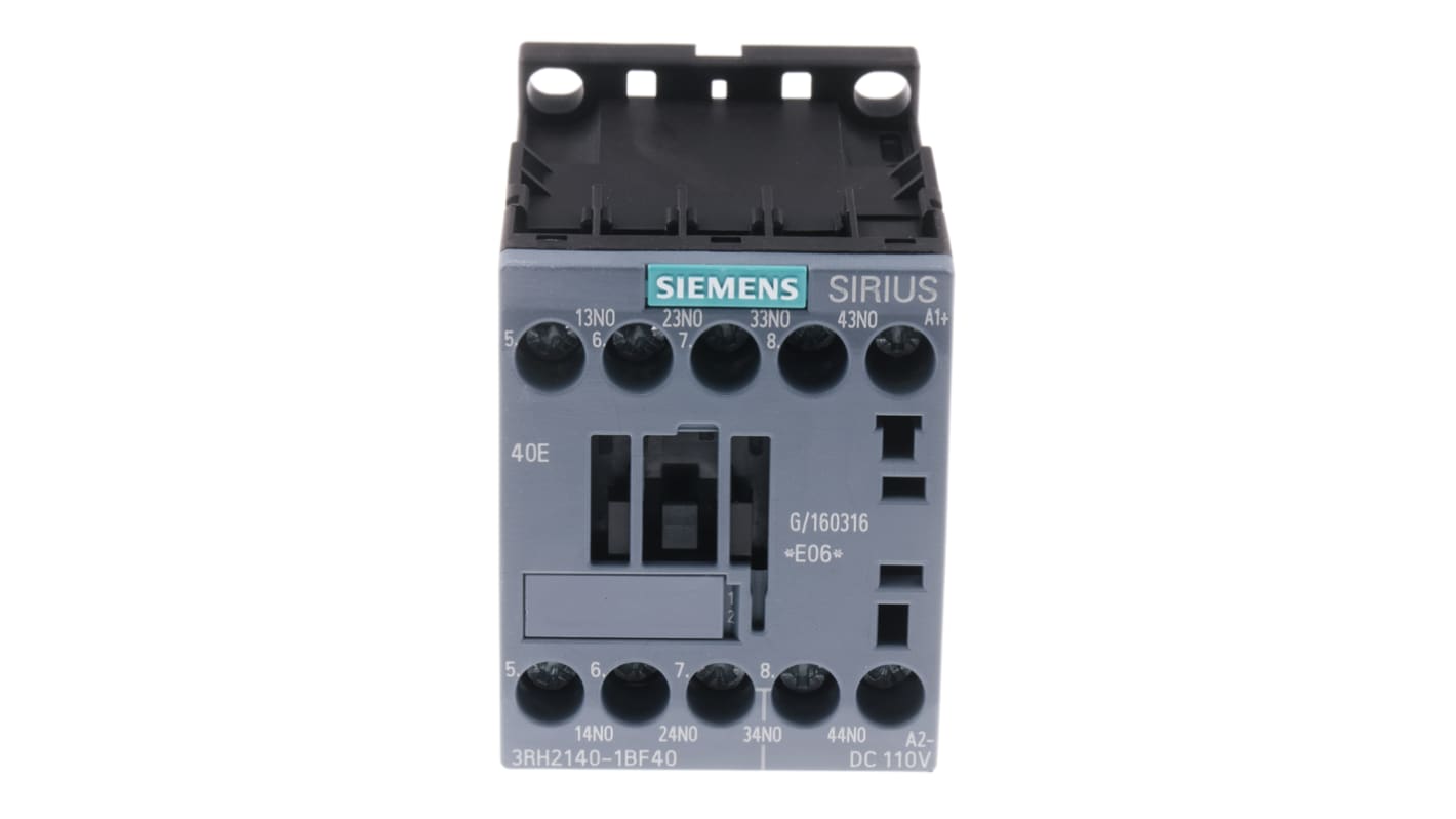 Relè contattore Siemens 3RH2140-1BF40, 4 poli, 10A, 110V CC resistente agli agenti atmosferici. Alta stabilità dei contatti.