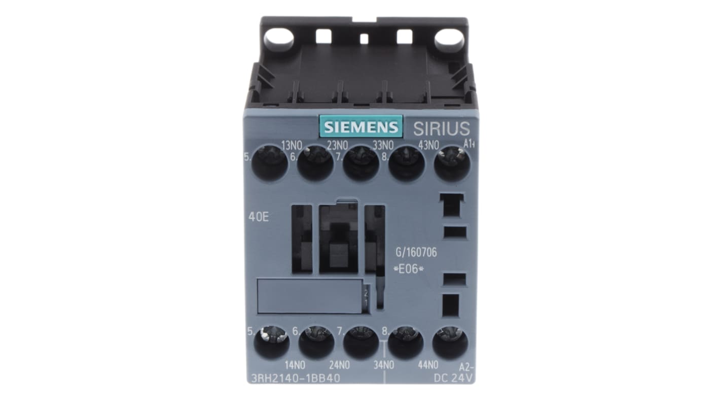Relè contattore Siemens 3RH2140-1BB40 24V c.c. 10A - Serie Sirius Innovation, resistente a sovratensioni, ideale per motori ad alta potenza.