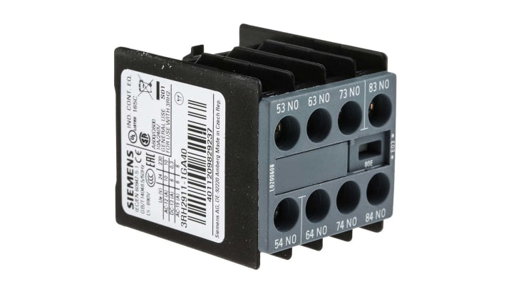 Contatto ausiliario Siemens 3RH2911-1GA40, 4NO, montaggio a innesto, corrente nominale 6 A, tensione 600 V c.c. e 690 V c.a.