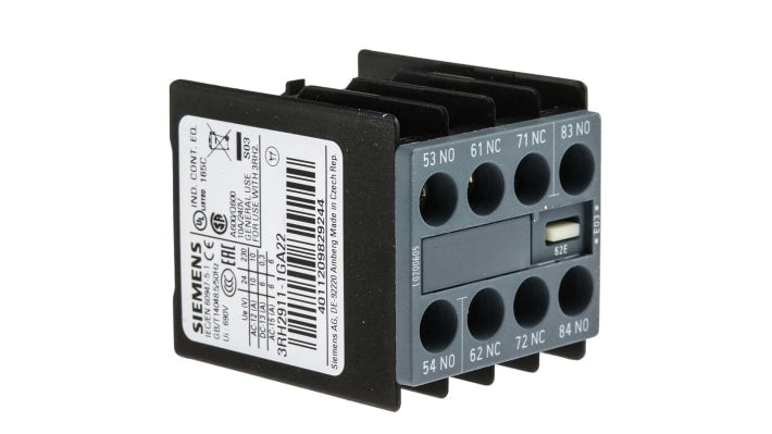 Blocco contatti ausiliari Siemens 3RH2911-1GA22, 2NO/2NC, 10A - Serie Sirius Innovation. Design snap-on per monitoraggio efficiente del contattore.