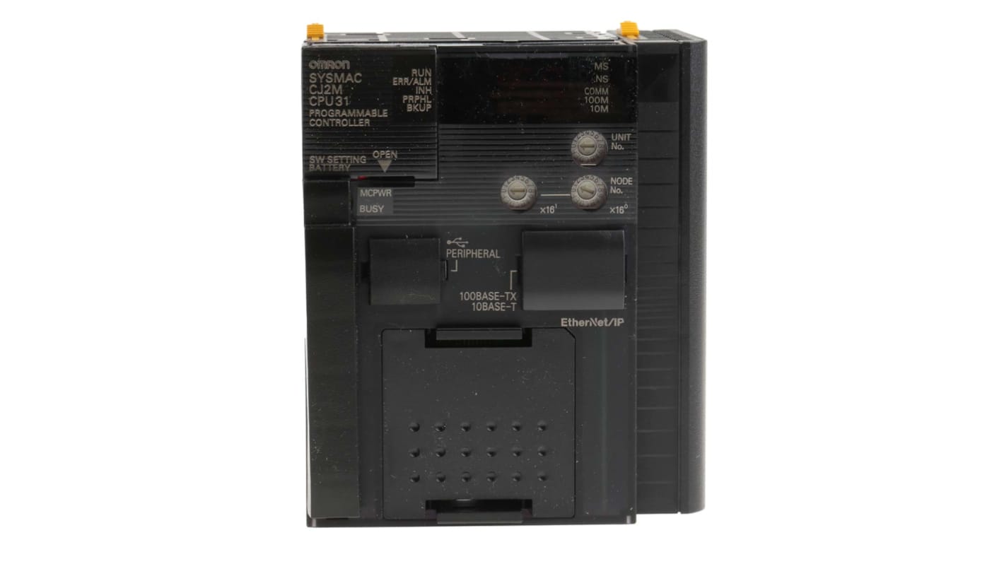 Omron CJ2M-CPU31, CPU PLC compatto 62 x 95,4 x 84,5 mm, supporta 40 I/O, USB ed Ethernet, programmazione versatile.