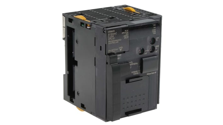 Omron CJ2M-CPU31, CPU PLC compatto 62 x 95,4 x 84,5 mm, supporta 40 I/O, USB ed Ethernet, programmazione versatile.