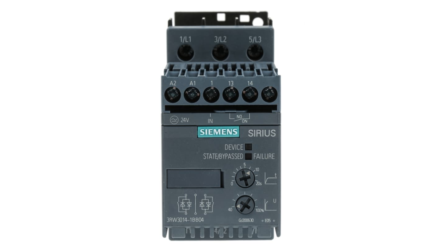 Avviatore soft-start Siemens 3RW3014-1BB04, 3 fasi, 3 kW, 480 V, IP20, dimensioni 45x151x95 mm, controllo bifase.