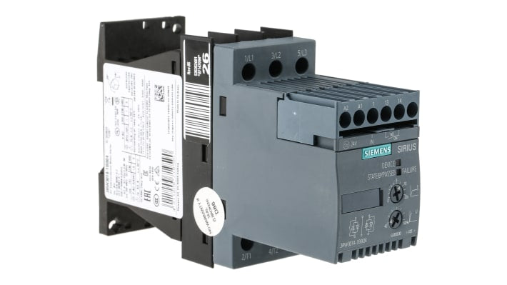 Avviatore soft-start Siemens 3RW3014-1BB04, 3 fasi, 3 kW, 480 V, IP20, dimensioni 45x151x95 mm, controllo bifase.