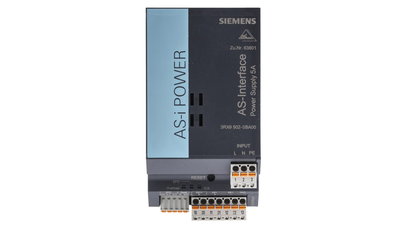 Alimentatore PLC Siemens 3RX9502-0BA00, 5 A, 120-230 V, dimensioni 125 x 70 x 125 mm, grado di protezione IP20.