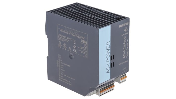 Alimentatore PLC Siemens 3RX9502-0BA00, 5 A, 120-230 V, dimensioni 125 x 70 x 125 mm, grado di protezione IP20.