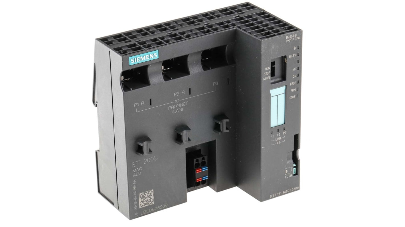 Modulo I/O Siemens 6ES7151-8AB01-0AB0 per Serie EM 200, alimentazione 24 V, montaggio su guida DIN, dimensioni 119,5 x 120 x 75 mm.