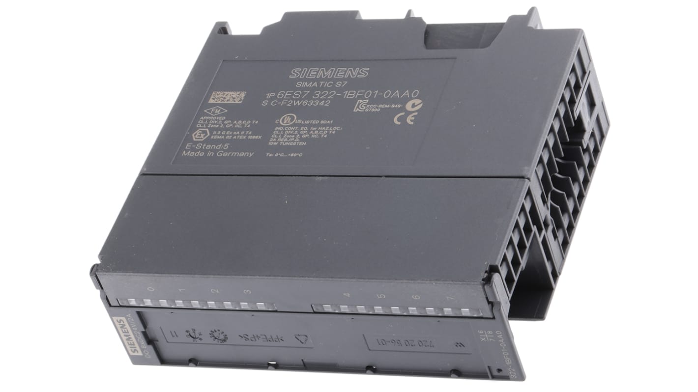Modulo di espansione PLC Siemens 6ES7322-1BF01-0AA0, 8 uscite digitali, dimensioni 125 x 40 x 120 mm, connettore a 20 pin.
