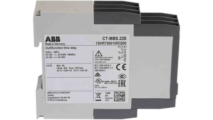 Relè temporizzato ABB CT-MBS.22S, alimentazione 24-48 V CC, gamma 0,05 s - 300 h, montaggio su guida DIN, -25°C a +60°C.