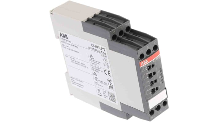 Relè timer multifunzionale ABB, 10 funzioni, intervalli da 0,05 s a 300 h, montaggio su guida DIN, larghezza 22,5 mm.