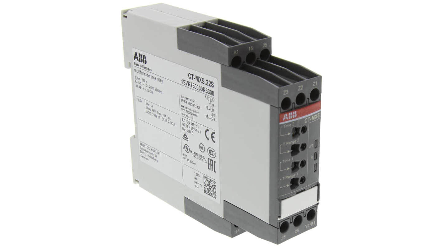 Relè temporizzato ABB CT-MXS.22S, DPDT, 4 A, 24-240 V AC, montaggio su guida DIN, grado di protezione IP50.