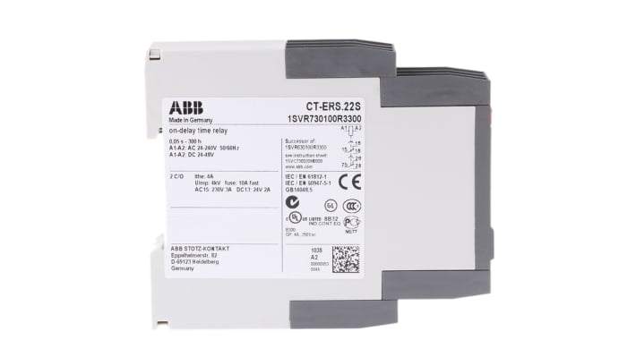 ABB Timer Relay CT-ERS.22S, 2 poli, montaggio su guida DIN, intervallo di temporizzazione 0,05 s a 300 h, 22,5 mm.