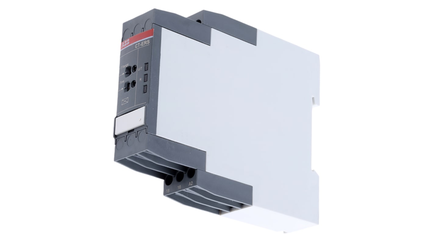 Relè temporizzato ABB CT-ERS.12S, 24-240 V ca, 10 intervalli da 0,05 s a 300 h, montaggio su guida DIN, larghezza 22,5 mm.