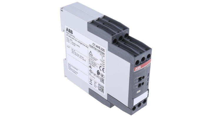 Relè timer ABB CT-AHS.22S, DPDT, montaggio su guida DIN, intervallo 0,05s-300h, 24-240V AC, 4A, dimensioni 22,5x85,6x113,4 mm.