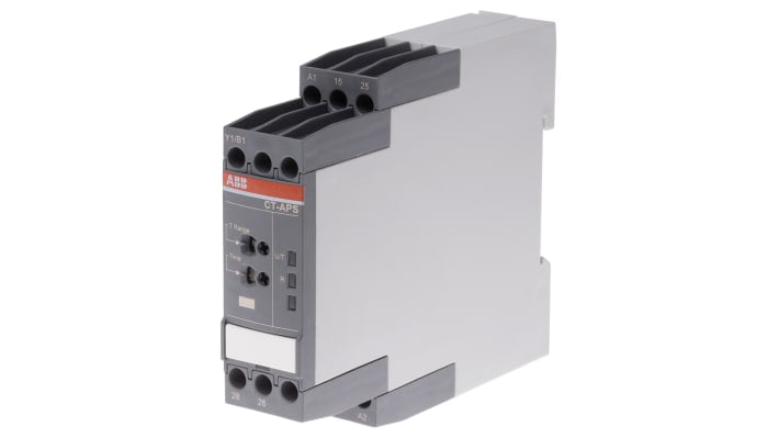 Relè temporizzato ABB CT-APS.22S DPDT, montaggio su guida DIN, tensione 24-240 V AC, intervallo 0,05 s a 300 h.