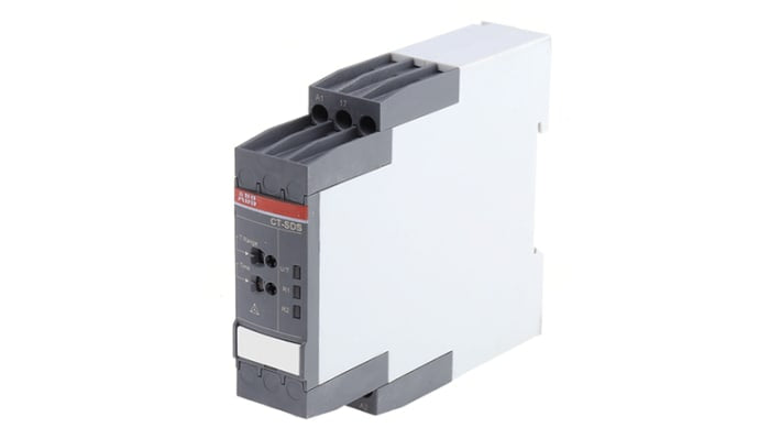 Relè temporizzato ABB CT-SDS.22S, DPST, montaggio su guida DIN, intervallo 0,05s-10min, dimensioni 85,6 x 22,5 x 113,4 mm.