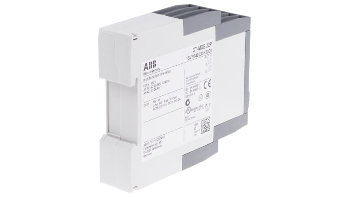 ABB Relè temporizzato DPDT per guida DIN, tensione 24-240 V AC, intervallo 0,05 s a 300 h, larghezza 22,5 mm.