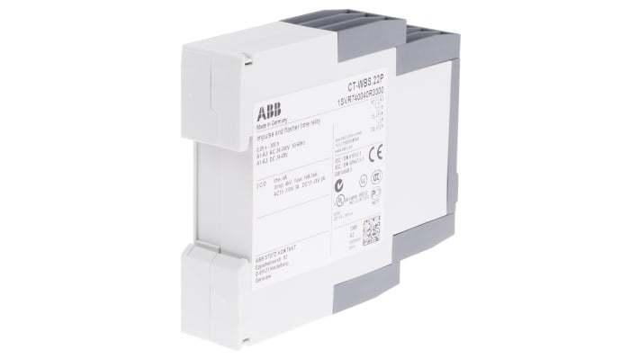 Relè temporizzato ABB CT-WBS.22P, DPDT, montaggio su guida DIN, 24-240 V AC, intervallo 0,05 s a 300 h, larghezza 22,5 mm.