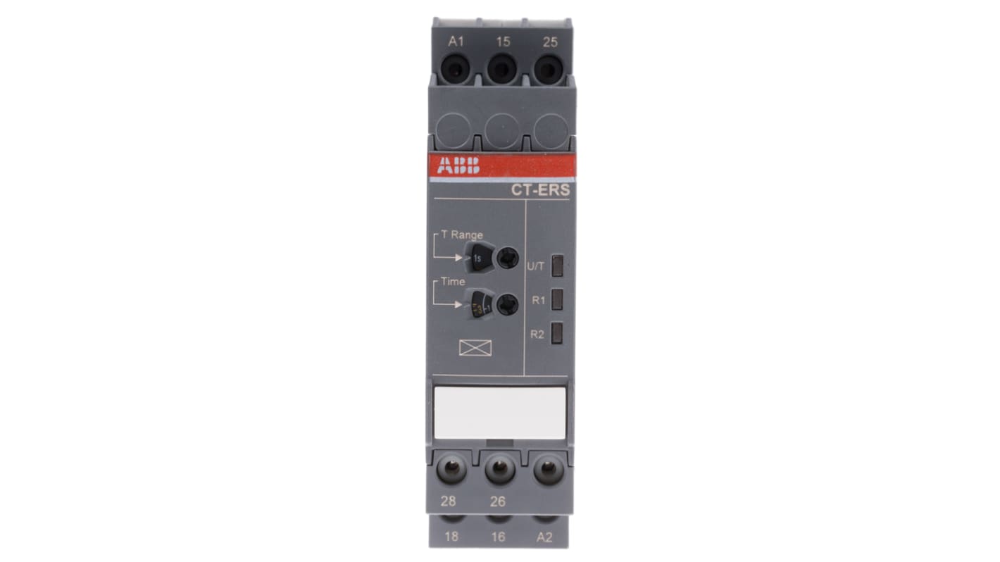ABB Timer Relay DPDT su guida DIN, tensione 24-240 V, intervallo 0,05 s a 300 h, corrente massima 4 A.