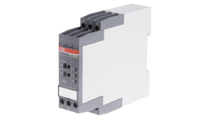 ABB Timer Relay DPDT su guida DIN, tensione 24-240 V, intervallo 0,05 s a 300 h, corrente massima 4 A.