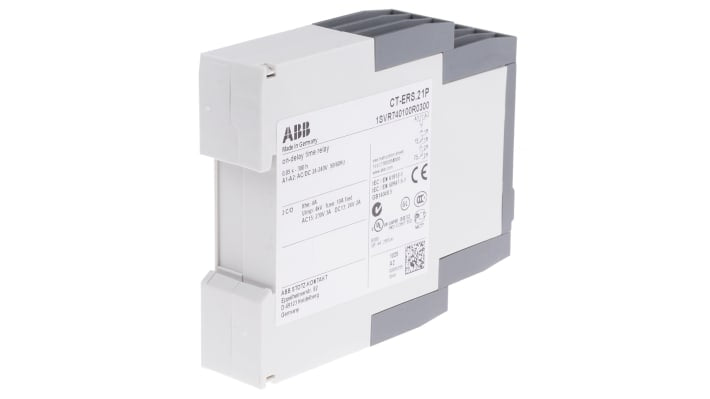 ABB Timer Relay DPDT su guida DIN, tensione 24-240 V, intervallo 0,05 s a 300 h, corrente massima 4 A.