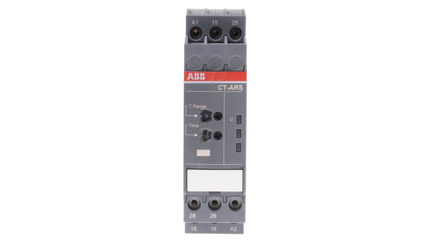 ABB Timer Relay DPDT CT-ARS.21P, montaggio su guida DIN, tensione 24-240 V, intervallo 0,05 s a 10 min, LED di stato.