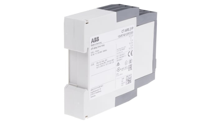 ABB Timer Relay DPDT CT-ARS.21P, montaggio su guida DIN, tensione 24-240 V, intervallo 0,05 s a 10 min, LED di stato.