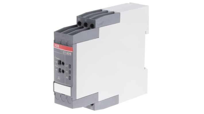 ABB Timer Relay DPST per montaggio su guida DIN, intervallo di temporizzazione 0,05 s a 10 min, dimensioni 22,5 x 85,6 x 113,4 mm.