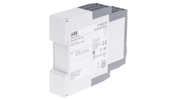 ABB Timer Relay DPST per montaggio su guida DIN, intervallo di temporizzazione 0,05 s a 10 min, dimensioni 22,5 x 85,6 x 113,4 mm.
