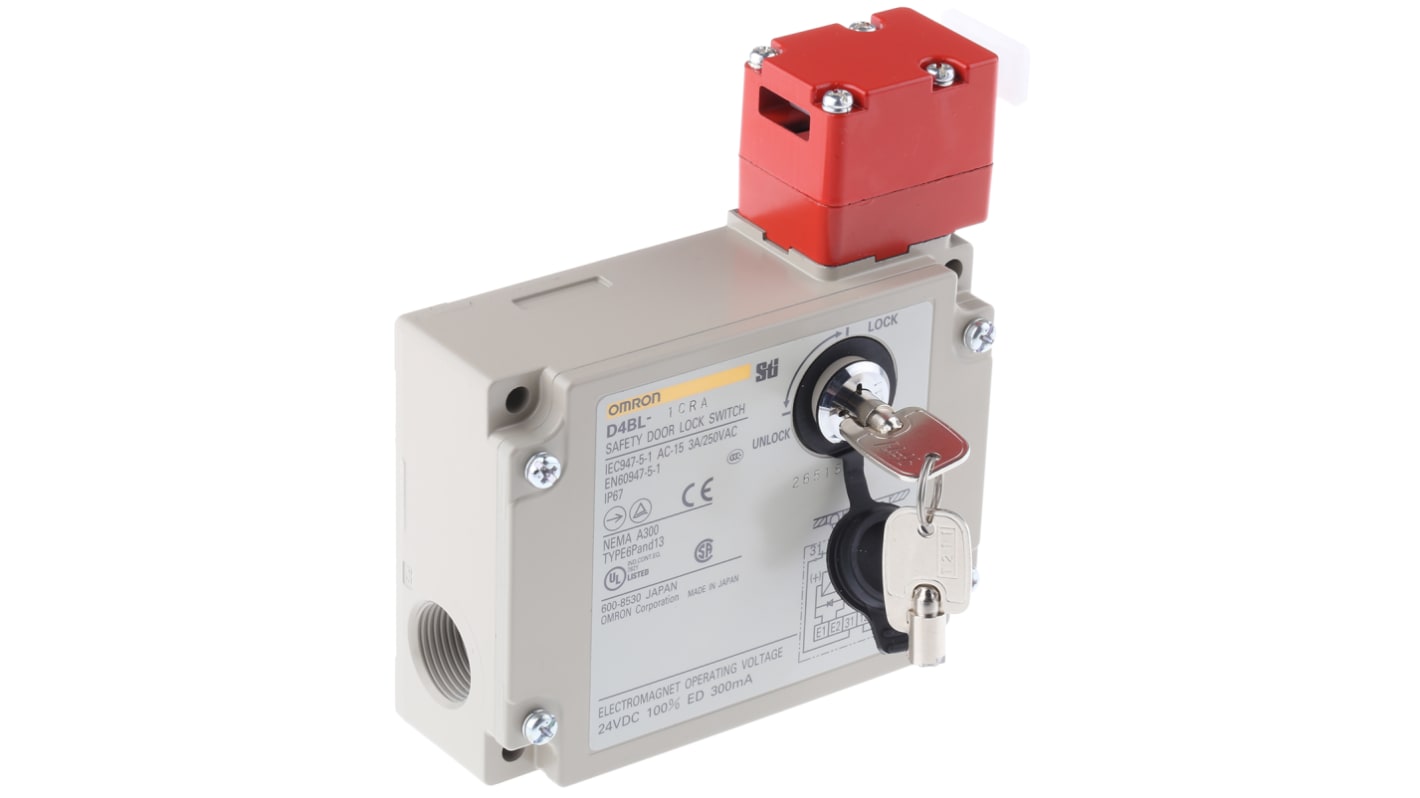 Interruttore di interblocco a solenoide Omron D4BL-1CRA, corpo metallico, grado di protezione IP67, dimensioni 123.5mm x 116.5mm x 46.3mm.