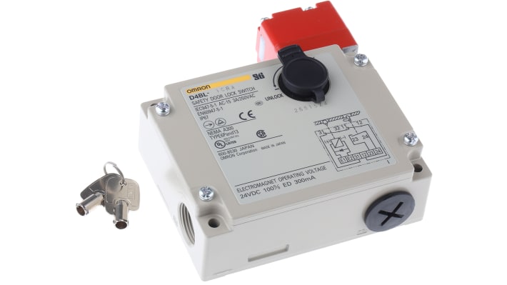 Interruttore di interblocco a solenoide Omron D4BL-1CRA, corpo metallico, grado di protezione IP67, dimensioni 123.5mm x 116.5mm x 46.3mm.