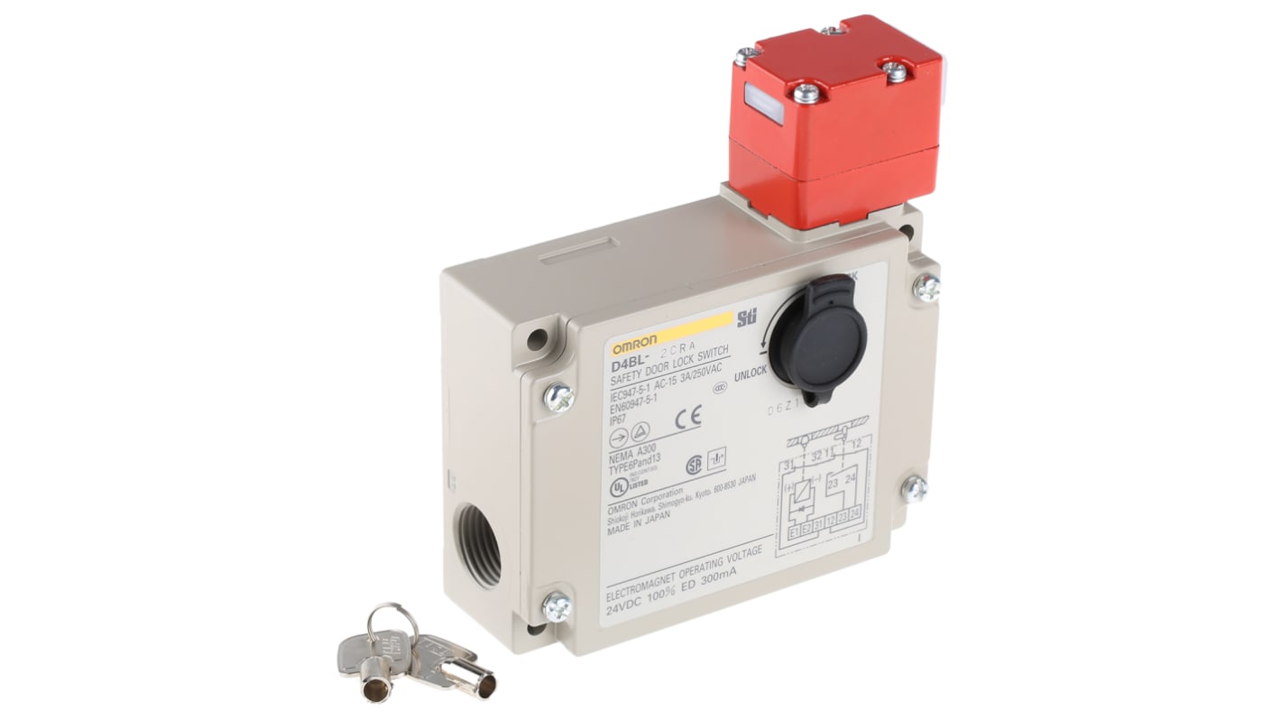 Interruttore di interblocco a solenoide Omron D4BL-2CRA, alimentazione 24V cc, contatti 1NO/1NC, grado di protezione IP67.