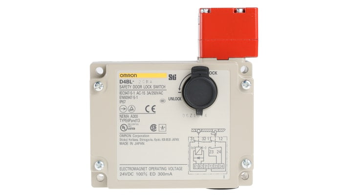 Interruttore di interblocco a solenoide Omron D4BL-2CRA, alimentazione 24V cc, contatti 1NO/1NC, grado di protezione IP67.
