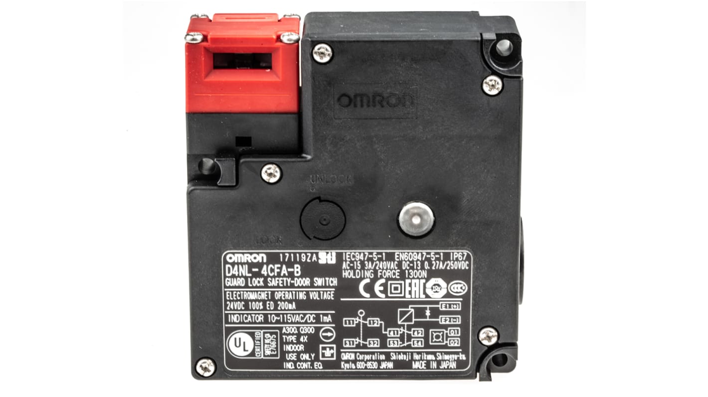 Omron D4NL-4CFA-B, interruttore di interblocco a solenoide 24V cc, grado di protezione IP67, dimensioni 95x88.5x35.5mm.