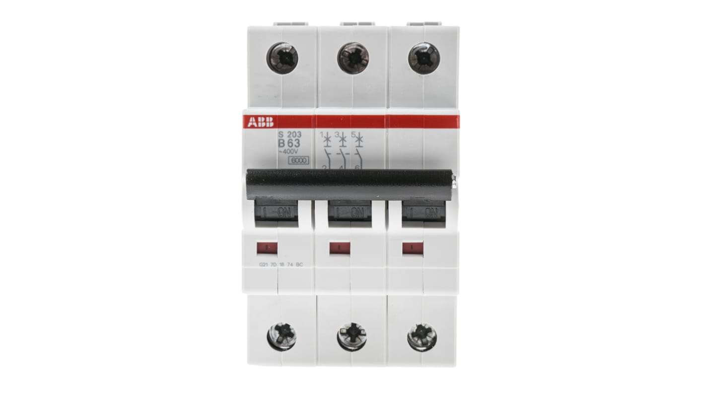 Interruttore magnetotermico ABB S203-B63, tripolare 63A, montaggio su guida DIN, dimensioni 88mm x 69mm, grado di protezione IP20.