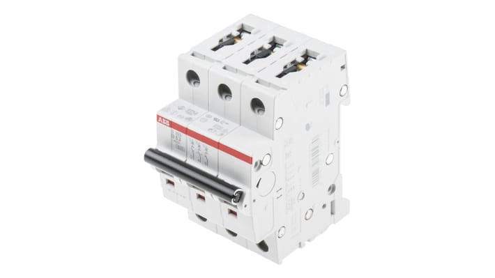 Interruttore magnetotermico ABB S203-B63, tripolare 63A, montaggio su guida DIN, dimensioni 88mm x 69mm, grado di protezione IP20.