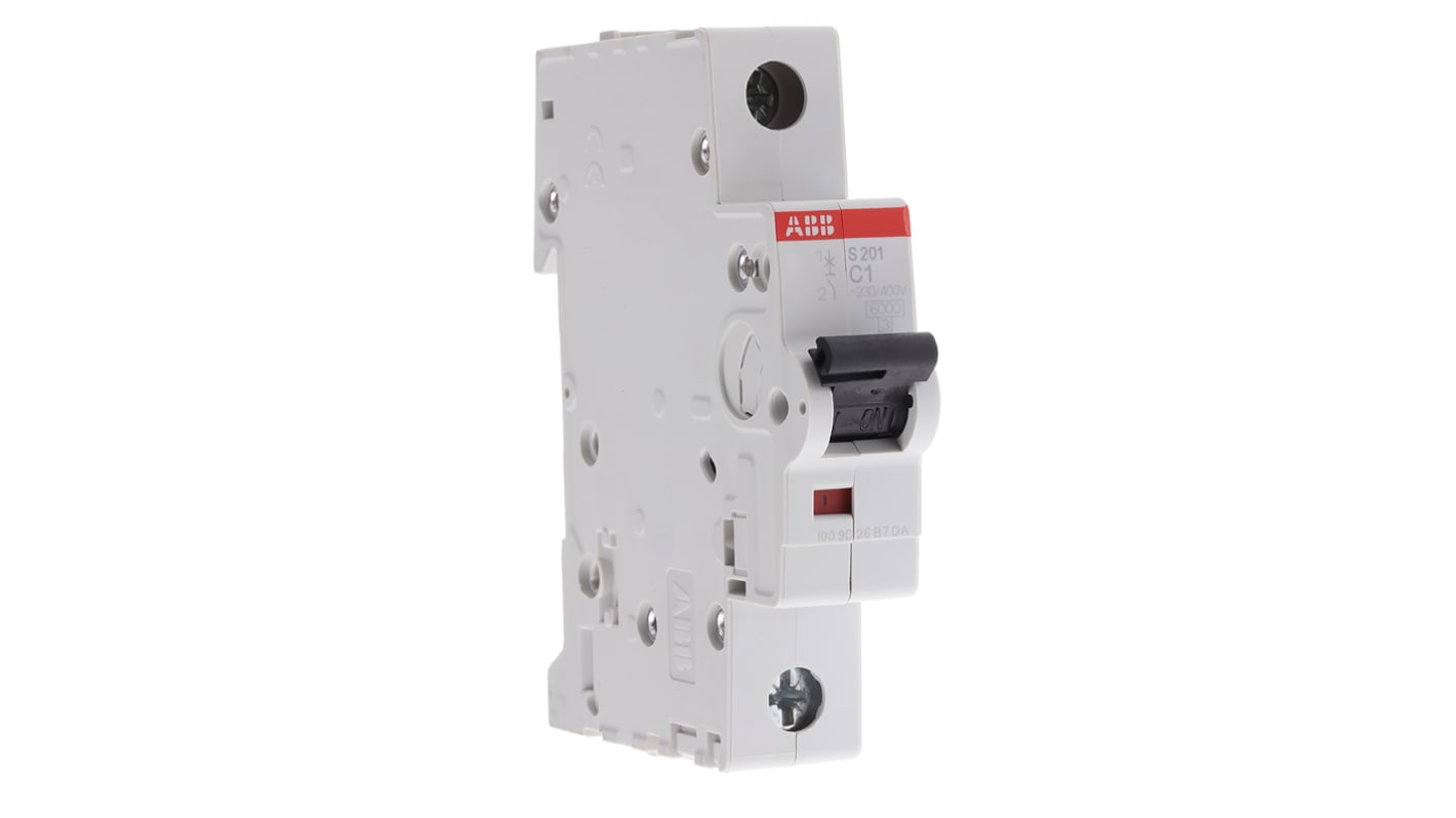 Interruttore magnetotermico unipolare ABB S201-C1, 1A 6 kA, montaggio su guida DIN, dimensioni 69x17,5x88 mm, grado di protezione IP20.