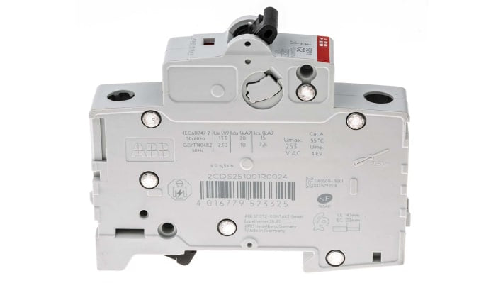 Interruttore magnetotermico unipolare ABB S201-C2, 2A, 230 V, montaggio su guida DIN, dimensioni 17.5 x 88 x 69 mm.