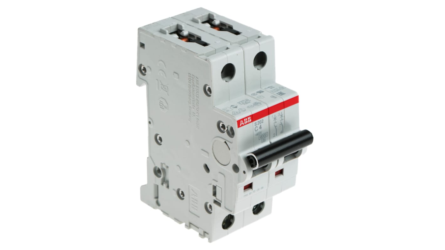 Interruttore magnetotermico ABB S202-C4, 2 poli, 4A, 400V, montaggio su guida DIN, dimensioni 88x35x69 mm.