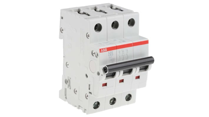Interruttore magnetotermico ABB S203-C63, 3 poli, 63A, montaggio su guida DIN, dimensioni 53x88x69 mm, capacità di rottura 6 kA.