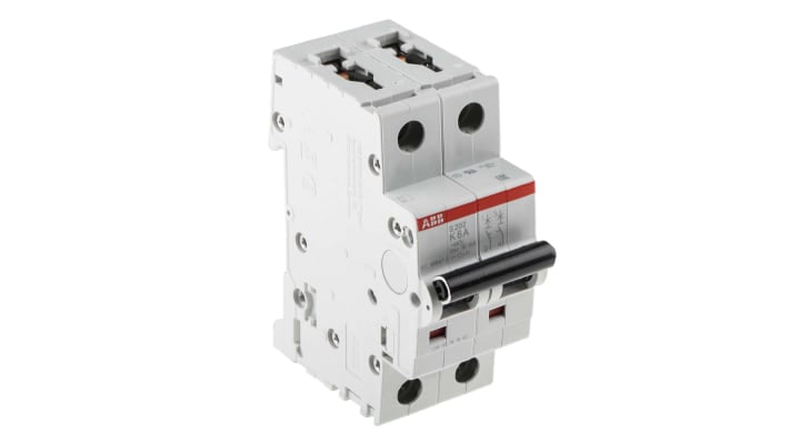 Interruttore magnetotermico ABB S202-K6, 2 poli, 6 A, montaggio su guida DIN, dimensioni 35x88x69 mm, resistenza agli urti 25 g.
