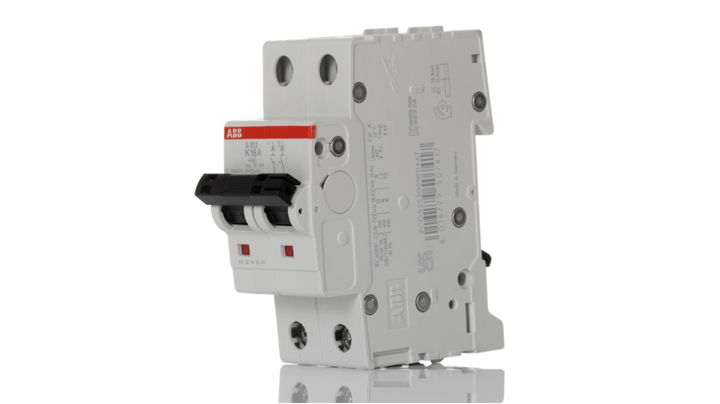 Interruttore magnetotermico ABB S202-K16, 2 poli, 16 A, 400 V, montaggio su guida DIN, larghezza 35 mm, protezione cortocircuiti.