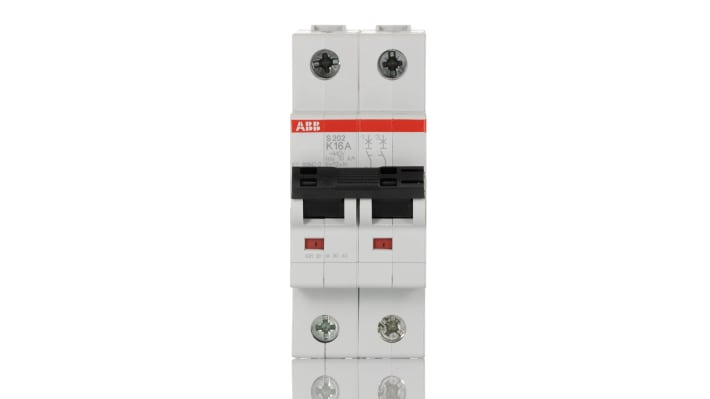 Interruttore magnetotermico ABB S202-K16, 2 poli, 16 A, 400 V, montaggio su guida DIN, larghezza 35 mm, protezione cortocircuiti.