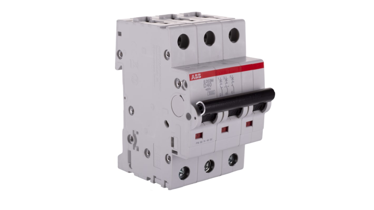 Interruttore magnetotermico ABB S203M-D40, 3 poli, 40 A, montaggio su guida DIN, dimensioni 52.5x88x69 mm, grado di protezione IP20.