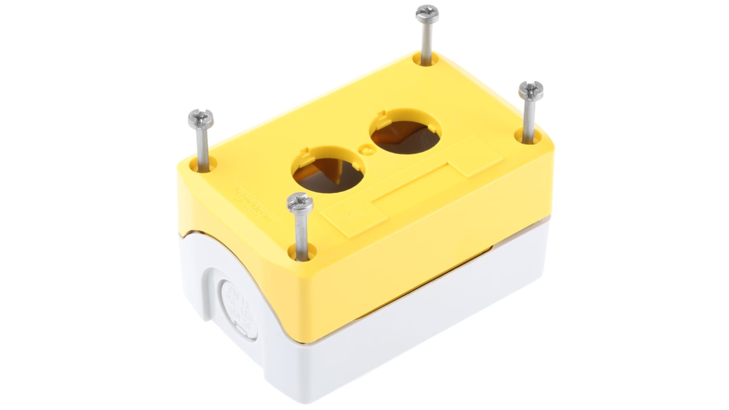 Scatola per pulsante Schneider Electric XALK02, 2 fori, diametro 22 mm, colore giallo, protezione IP66/IP67/IP69K, resistente agli urti.