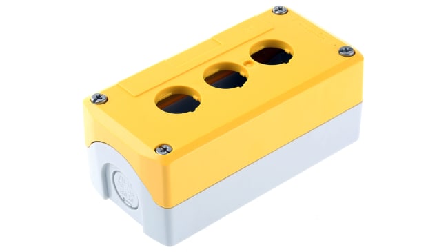 Scatola per pulsante Schneider Electric XALK03, 3 fori Ø 22mm, colore giallo, grado di protezione IP65, montaggio a filo.