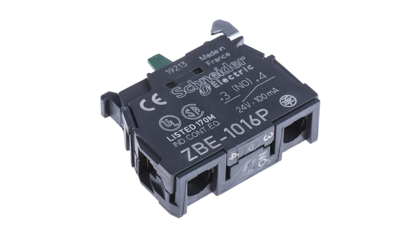 Blocco contatti Schneider Electric ZBE1016P della serie Harmony XB4/5, 1NO. Garanzia 100M cicli, Green Premium, facile montaggio. Ideale per pulsanti.